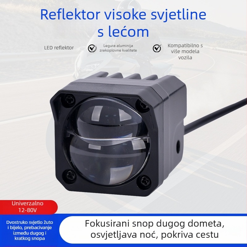 Vanjski LED reflektor za motocikl, vodootporan, dvobojna boja svjetla – daljni i bliski snop, širok raspon napona