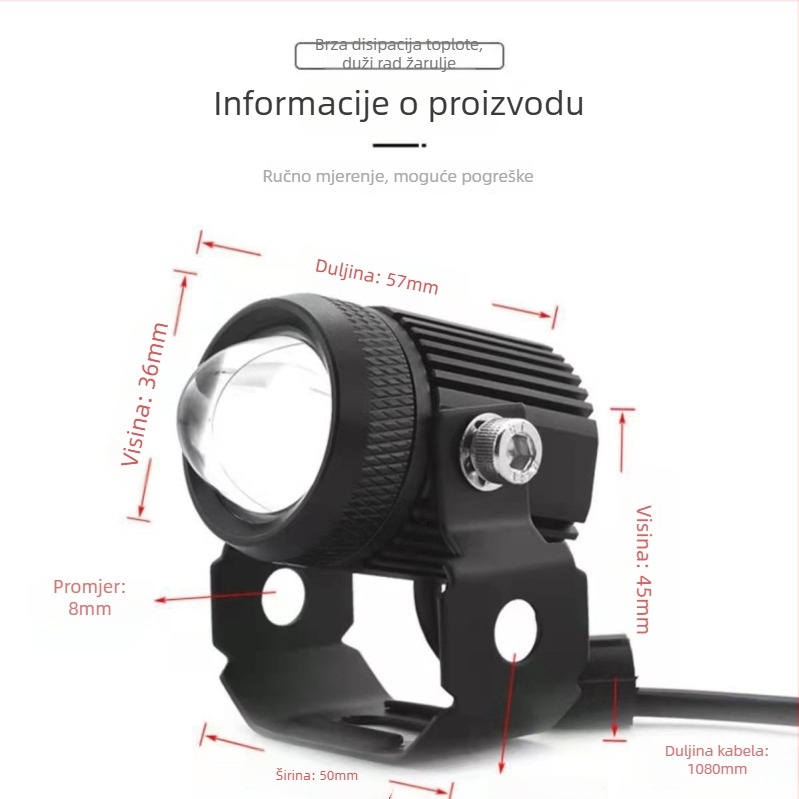 COB dvostruki spot LED reflektor za električne motocikle i automobile, 15W, 2000LM, 12-80V, IP65, Fisheye leća