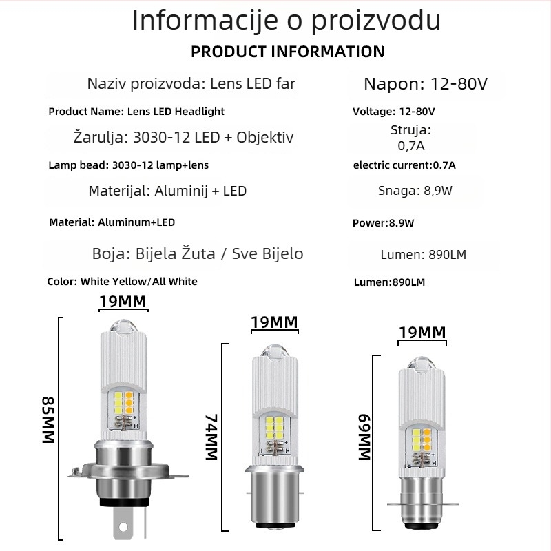 Motociklističko LED prednje svjetlo s dvostrukom lećom, model H4/BA20D/P15D, 12–80V, IP67, 890 lm, 8.9 W