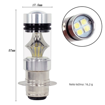 Motociklistički prednji far PX15D s LED 3030, 10W, 12V, 480 lm, aluminijsko kućište