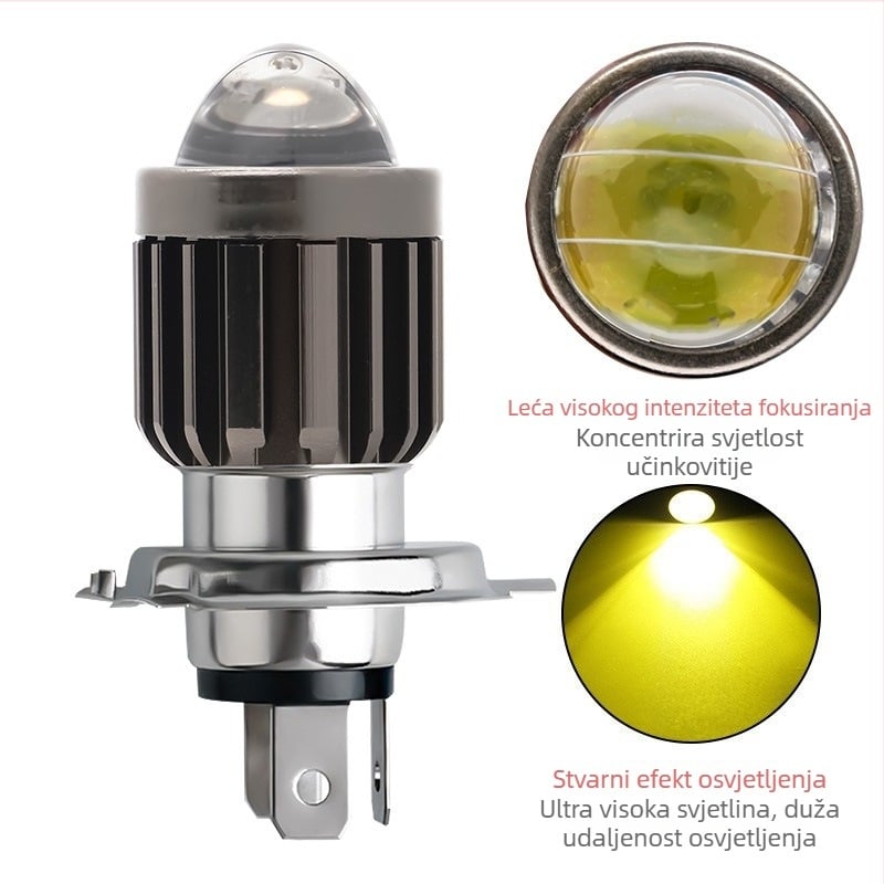H4 motociklistička LED svjetiljka, dvobojna žuto-bijela, daleko i blizu snop, fisheye leća, aluminijski kućište