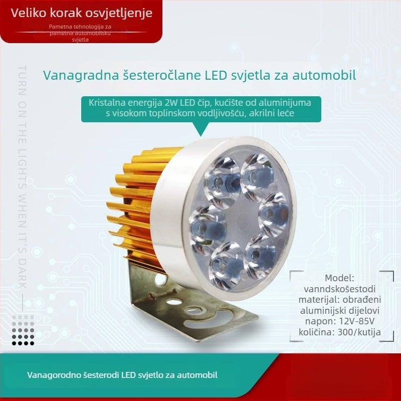 Vanjski LED reflektor sa šest LED-ova za motocikl i električno vozilo — aluminijska legura, 12-85V, 12W, 1000 lm, Crystal Energy čip