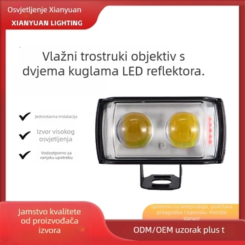 Motorska LED prednja svjetiljka za motocikl s kratkom trostranom lećom i dvije LED diode, 12W, 8–60V, aluminijsko kućište