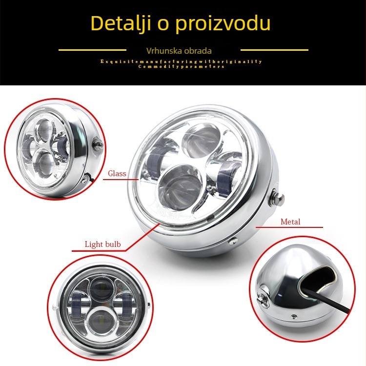 Motocikl LED far, dizajn s četiri oka, 35W, 12V, metalno stražnje kućište + stakleno kućište, razina zaštite A