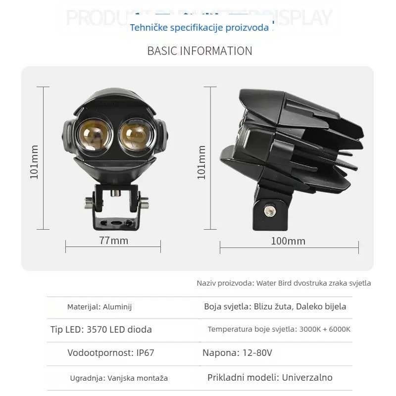 Motociklistički LED reflektor Waterfowl Eyes, dvostruka LED, vanjska leća, 12–50V, 26.4W, 5000lm, IP68