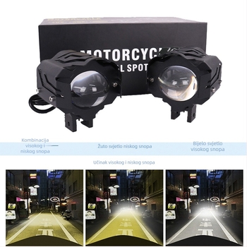 Motocikl LED spot svjetlo s integriranim visokim i niskim snopom, vanjski LED far za vozila, dvobojna žuto-bijela dvostruka leća, 30W, 12-80V, 4500LM, IP67, vijek trajanja ≥ 30000 h