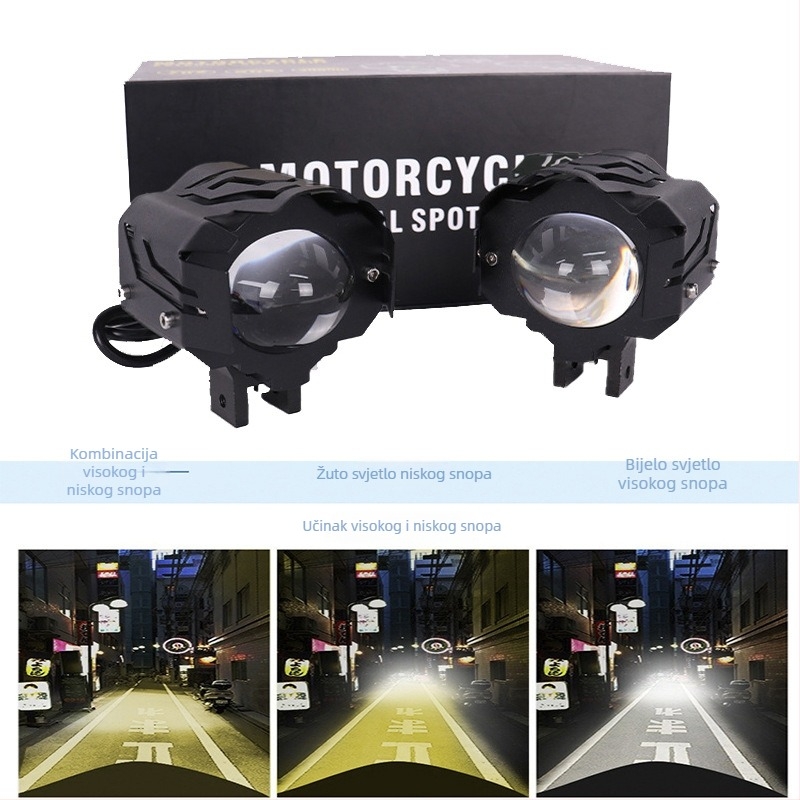 Motocikl LED spot svjetlo s integriranim visokim i niskim snopom, vanjski LED far za vozila, dvobojna žuto-bijela dvostruka leća, 30W, 12-80V, 4500LM, IP67, vijek trajanja ≥ 30000 h