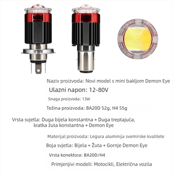 LED far za motor s dvobojnim treperavim demon eye lećom H4, kratko i daleko snop, modificirana LED žarulja