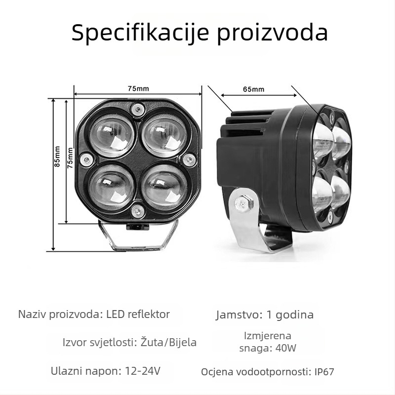 LED radna svjetiljka za vozila, 40W, kvadratni reflektor s četiri LED diode, 5D leća u obliku četverolistne djeteline, bijelo-žuta dvobojna