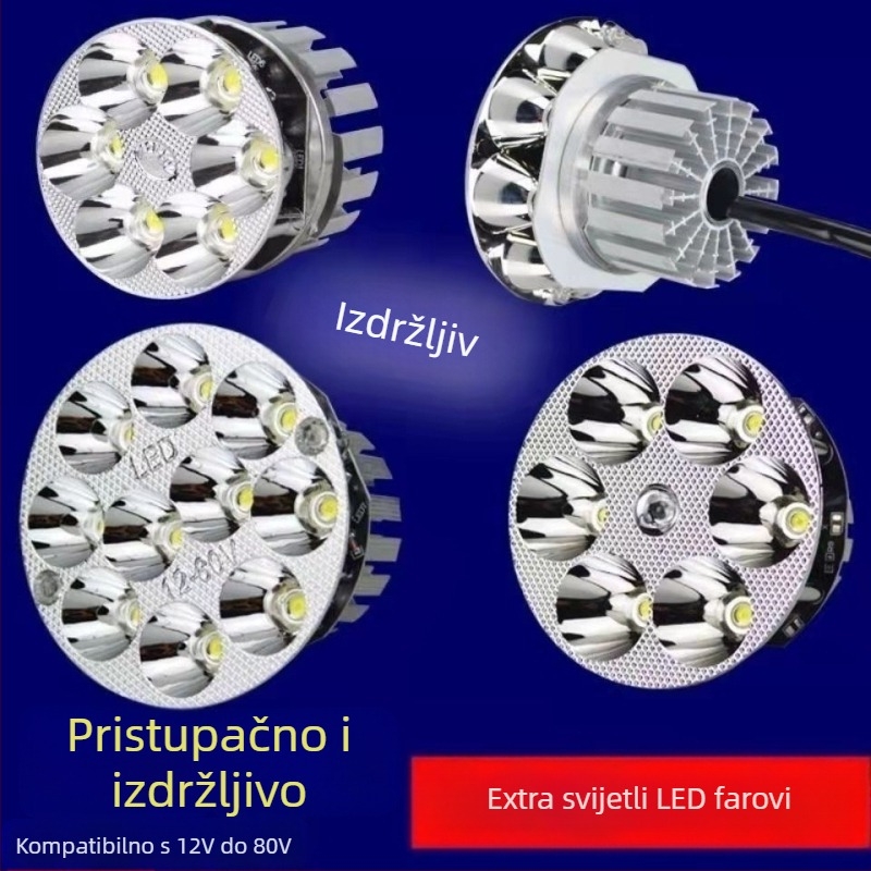 LED prednje svjetlo za motocikle i električna vozila, 12–60V, ugrađeni reflektor, daleki i bliski snop, velika žarulja