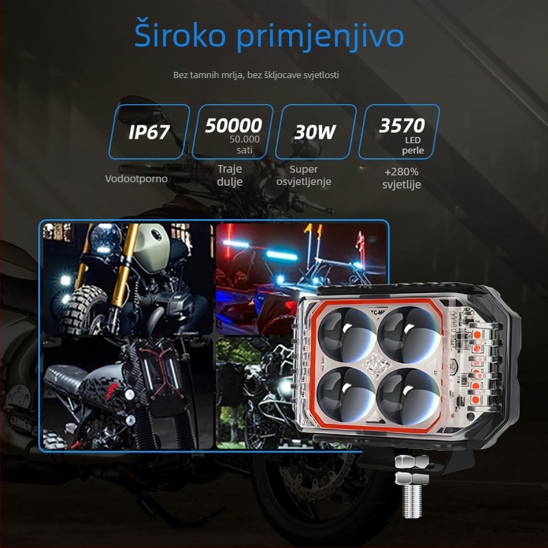 LED motociklističko prednje svjetlo s trostrukim četverolisom, 12V, IP67, aluminijsko kućište, 3570 LED