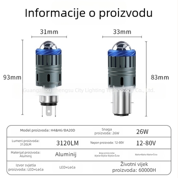 Motocikl LED far s lećom, H4/H6, integrirani visok i niski snop