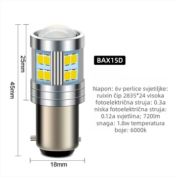 BAX15D LED prednje svjetlo za motocikl s lećom, 24×2835 LED, 6V, 5000 lm, 1.8W, aluminijsko kućište, IP65