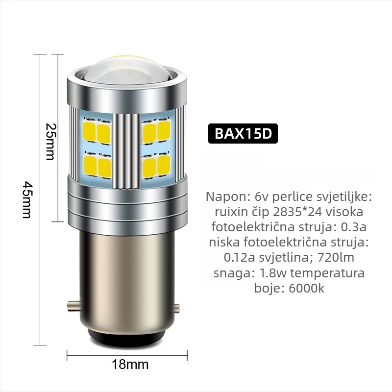 BAX15D LED prednje svjetlo za motocikl s lećom, 24×2835 LED, 6V, 5000 lm, 1.8W, aluminijsko kućište, IP65