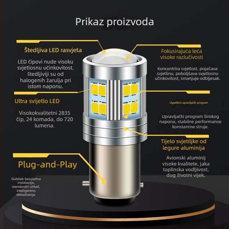 BAX15D LED prednje svjetlo za motocikl s lećom, 24×2835 LED, 6V, 5000 lm, 1.8W, aluminijsko kućište, IP65