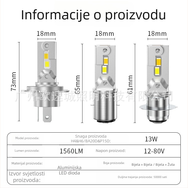 LED prednje svjetlo za motocikl, kompatibilno s H4/H6, integrirani visoki/niski snop, ulaz 12-80V, 1560 lm, aluminijsko kućište