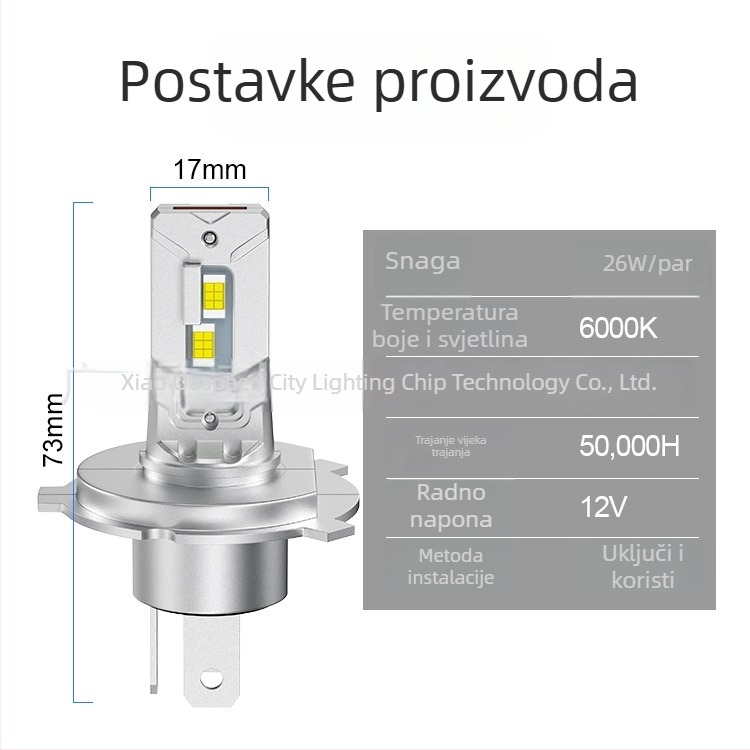 Integrirana LED far H4 za automobile i motocikle, model W02-H4, 13W, 12V, 4000 lm, vijek trajanja 50 000 h