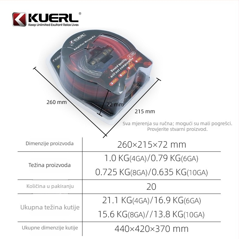 Kabelski komplet za auto audio pojačalo i subwoofer, 10/8/6/4 AWG