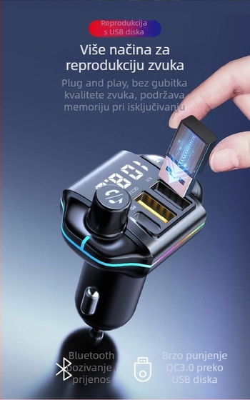 Automobilski Bluetooth MP3 player s FM transmitterom i dvostrukim USB punjačem — ABS kućište, ulaz 12V, snaga 75W, kompatibilan s većinom automobila