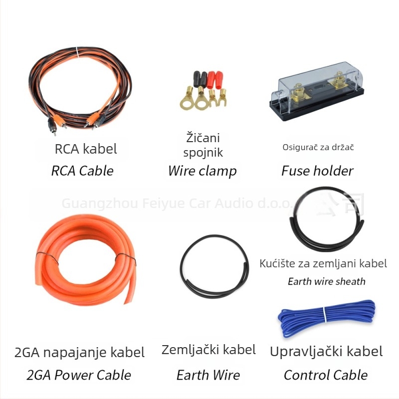 Set kablova za automobilni audio pojačalo s 2GA vodičima – napajanje, zvučnički kabeli i RCA audio kabeli, model Tb-kt-2ga