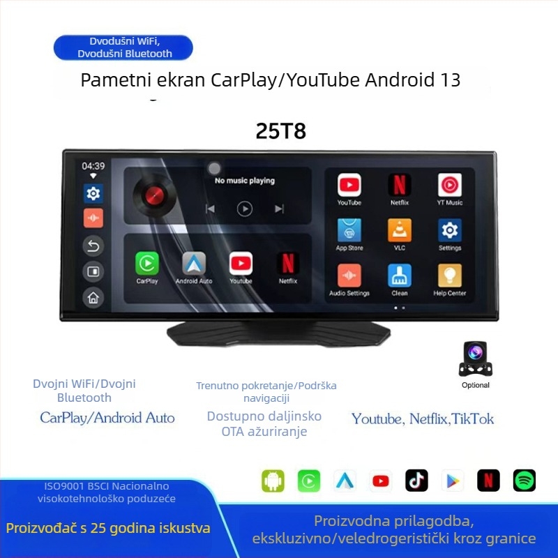 Navigacijski sustav za automobil s dvostrukim Wi‑Fi i Bluetoothom, YouTube, CarPlay i Android 13, HD zaslon 1920x720, napajanje 12–24V