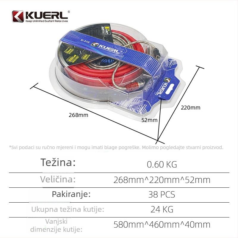 8GA kabel za napajanje autoaudio pojačala, bakarom premazan aluminij, 12-24V, 600-1000W, model K-310
