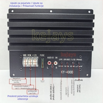 Koji KY-400D Class D auto audio pojačalo, 12V, 1000W, 4 Ω, distorzija 0,1%, osjetljivost 90 dB