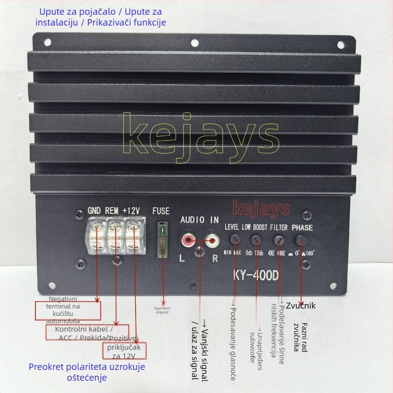 Koji KY-400D Class D auto audio pojačalo, 12V, 1000W, 4 Ω, distorzija 0,1%, osjetljivost 90 dB