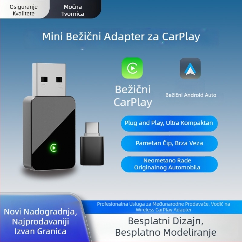 Bežični CarPlay adapter za vozila s žičanim CarPlay ili Android Auto, ABS kućište, Android 8.0 preinstaliran, TF kartica do 256GB, napajanje 5V/0.75W