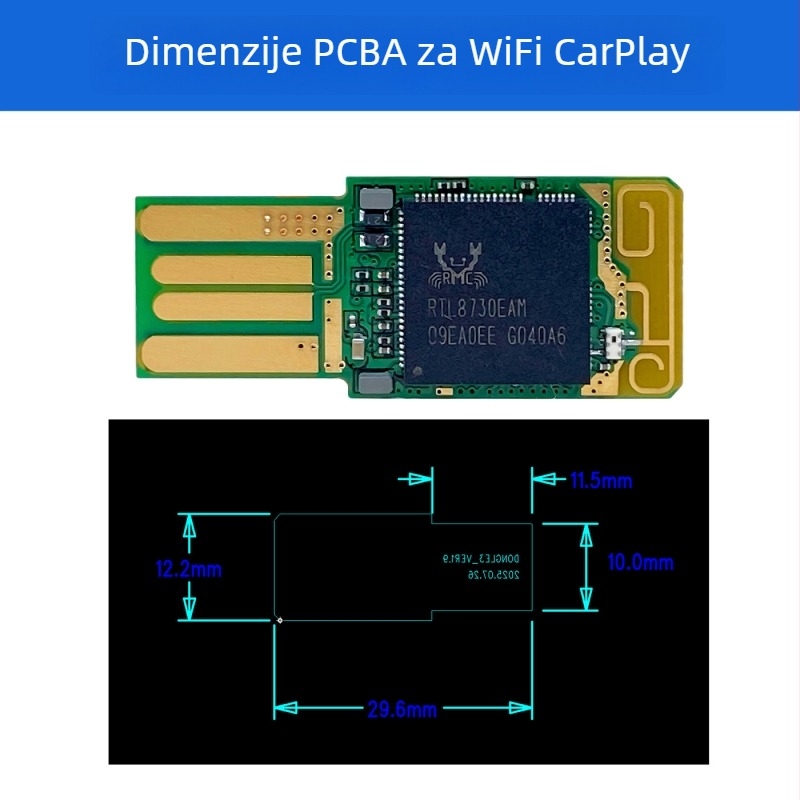 CarPlay bežični adapter za automobil – konverzija kabelskog u bezvoni CarPlay uz Android Auto PCBA rješenje, RTL8730EAM ploča, 0,003 kg, 5V, kompatibilno s VW, Audi, Mercedes-Benz, Toyota, Honda
