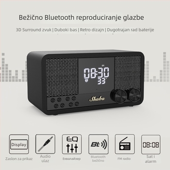 Bluetooth zvučnik s FM radiom i budilicom, Bluetooth 5.1, izlazna snaga 5W, ugrađena baterija 1200–2000 mAh, frekvencijski odziv 60 Hz–15 kHz