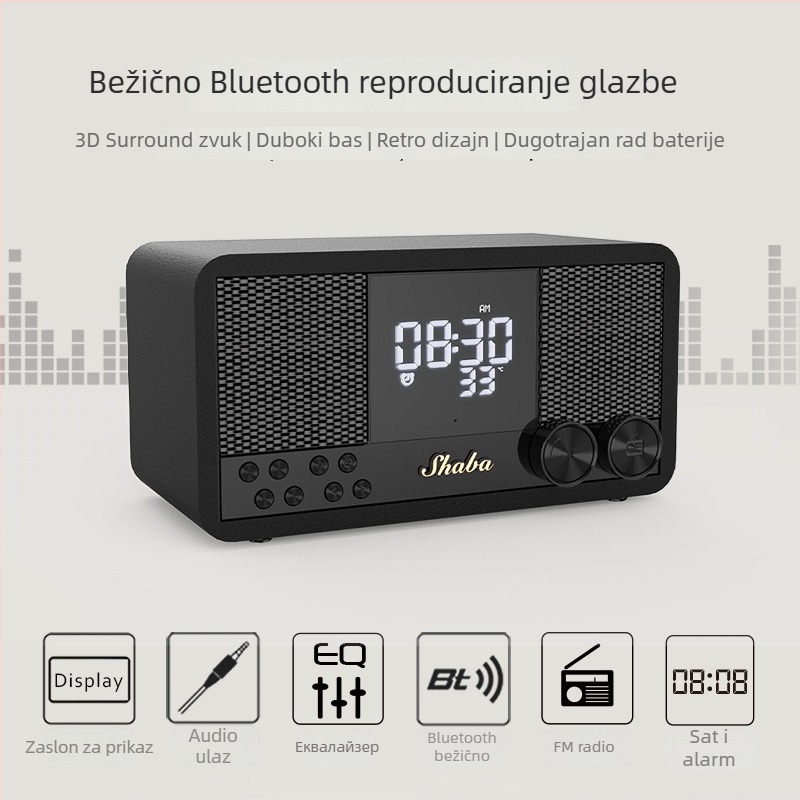 Bluetooth zvučnik s FM radiom i budilicom, Bluetooth 5.1, izlazna snaga 5W, ugrađena baterija 1200–2000 mAh, frekvencijski odziv 60 Hz–15 kHz