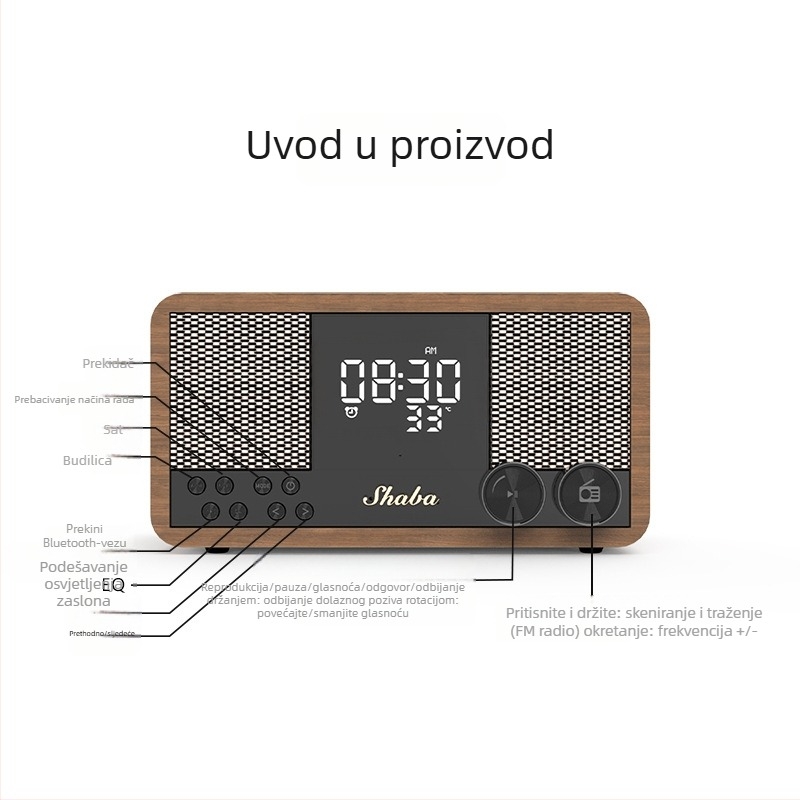 Bluetooth zvučnik s FM radiom i budilicom, Bluetooth 5.1, izlazna snaga 5W, ugrađena baterija 1200–2000 mAh, frekvencijski odziv 60 Hz–15 kHz