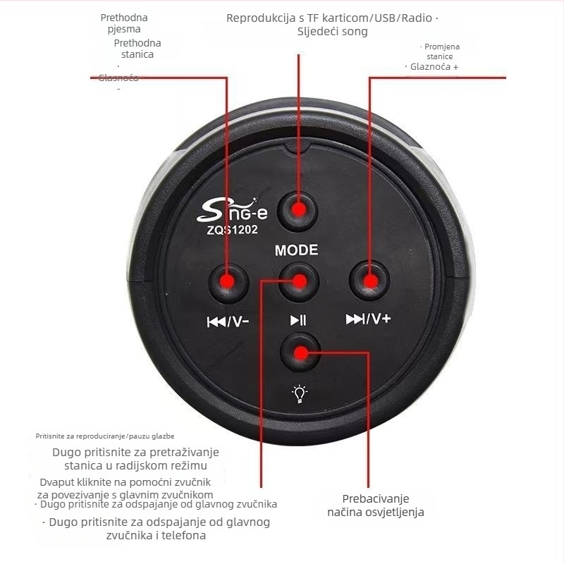 Bluetooth bežični zvučnik s USB i microSD karticom; IPX4 vodootporan; 40Hz-20kHz; SNR ≥100dB; ugrađena baterija 1200-2000mAh