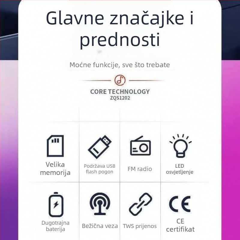 Bluetooth bežični zvučnik s USB i microSD karticom; IPX4 vodootporan; 40Hz-20kHz; SNR ≥100dB; ugrađena baterija 1200-2000mAh