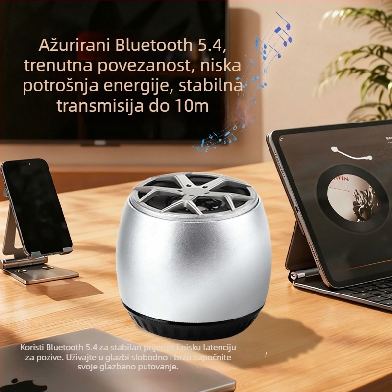 Prenosni Bluetooth metalni zvučnik, 5. generacija, duboki bass, visoka kvaliteta zvuka, utor za karticu, Bluetooth 5.3, 5W, 100Hz–20kHz, domet 10 m