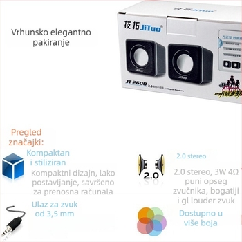 JT2600 zvučnik za prijenosno računalo s USB i 3,5 mm, stereo 2.0, raspon frekvencija 40 Hz–20 kHz