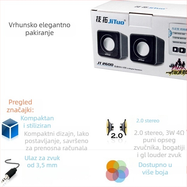 JT2600 zvučnik za prijenosno računalo s USB i 3,5 mm, stereo 2.0, raspon frekvencija 40 Hz–20 kHz