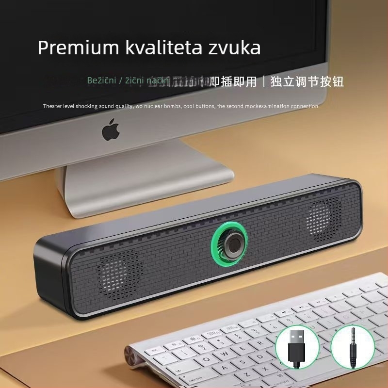 USB žičani dugi-bar PC zvučnici, retro dizajn, 2 zvučnika, USB + 3,5 mm, 90 Hz–20 kHz, LED rasvjeta