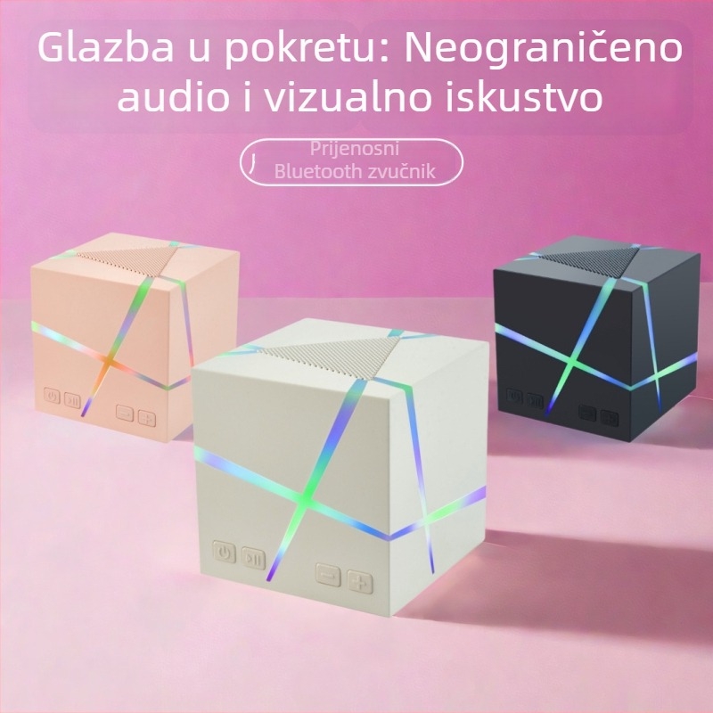 Bluetooth kockasti zvučnik — 5W izlaz, ugrađena baterija 500–800 mAh, Bluetooth 5.3, raspon 100 Hz–20 kHz, domet 10 m