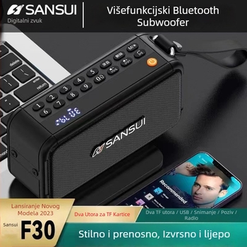 Sansui F30 Prijenosni FM radio s Bluetooth zvučnikom — raspon frekvencija 100Hz-20kHz, SNR ≥75 dB, izlazna snaga 12W, napon 5V, ugrađena baterija 2000-4000mAh