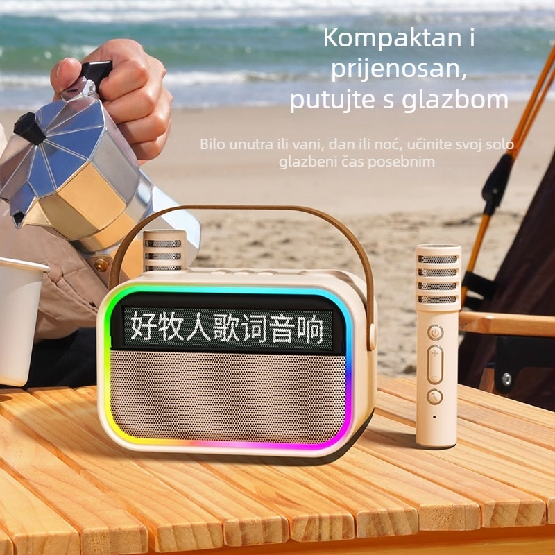 Bluetooth zvučnik s prikazom tekstova u plutajućem zaslonu, prenosni vanjski karaoke zvučnik s ugrađenim mikrofonom i subwooferom — BT 5.3, 15W, 100Hz-20kHz, SNR ≥85dB, domet 10m, baterija 1200-2000mAh