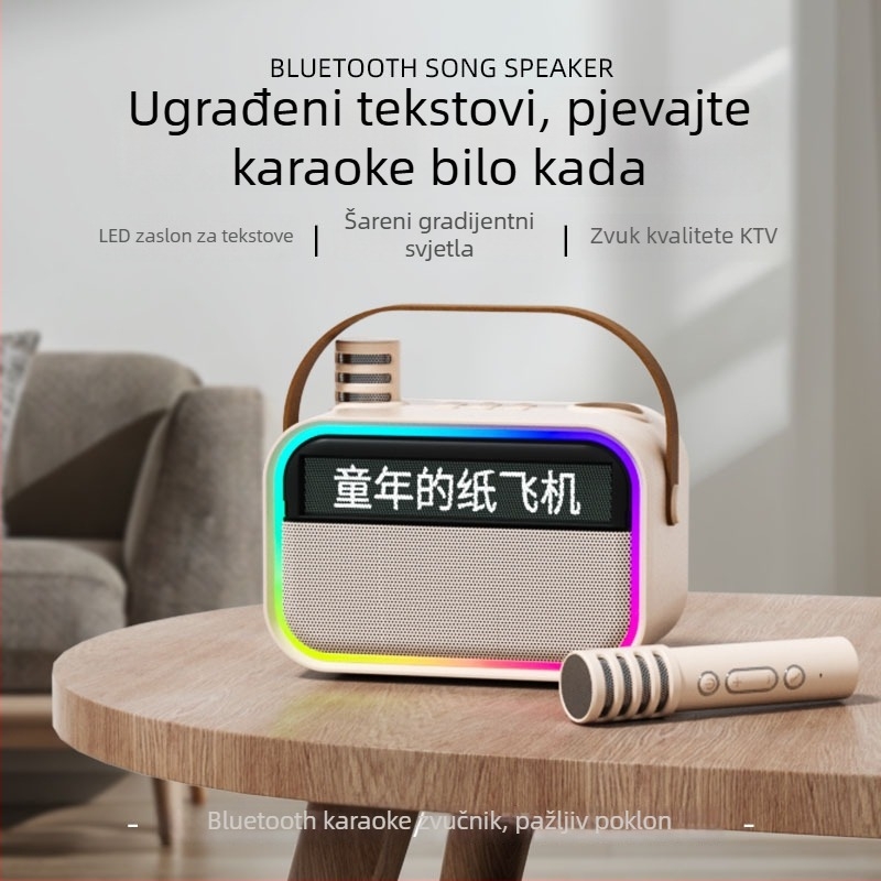 Bluetooth zvučnik s prikazom tekstova u plutajućem zaslonu, prenosni vanjski karaoke zvučnik s ugrađenim mikrofonom i subwooferom — BT 5.3, 15W, 100Hz-20kHz, SNR ≥85dB, domet 10m, baterija 1200-2000mAh