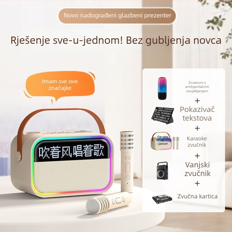 Bluetooth zvučnik s prikazom tekstova u plutajućem zaslonu, prenosni vanjski karaoke zvučnik s ugrađenim mikrofonom i subwooferom — BT 5.3, 15W, 100Hz-20kHz, SNR ≥85dB, domet 10m, baterija 1200-2000mAh