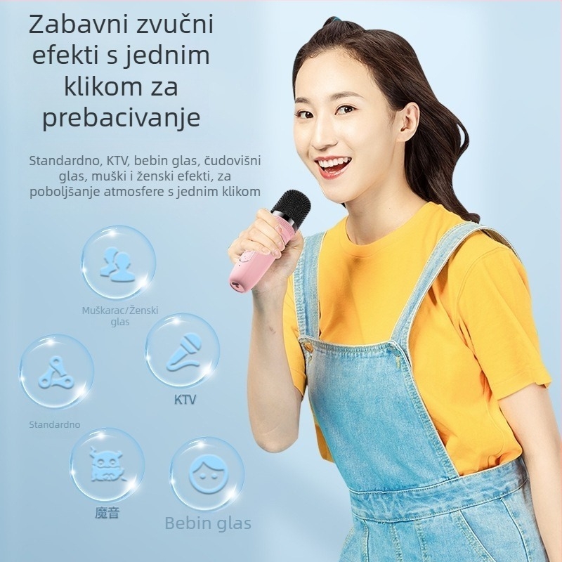 Karaoke mikrofon i zvučnik sve-u-jednom – Bluetooth 5.3, IPX3 vodootporan, Izlazna snaga 5W, Ugrađena baterija 1000–1200 mAh