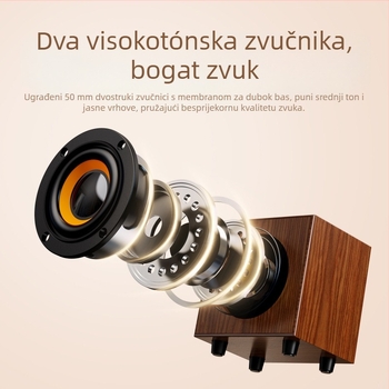 Drveni mini zvučnik, USB + 3,5 mm sučelje, izlazna snaga 3 W, frekvencijski raspon 50 Hz–20 kHz, 2 kanala