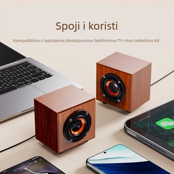 Drveni mini zvučnik, USB + 3,5 mm sučelje, izlazna snaga 3 W, frekvencijski raspon 50 Hz–20 kHz, 2 kanala