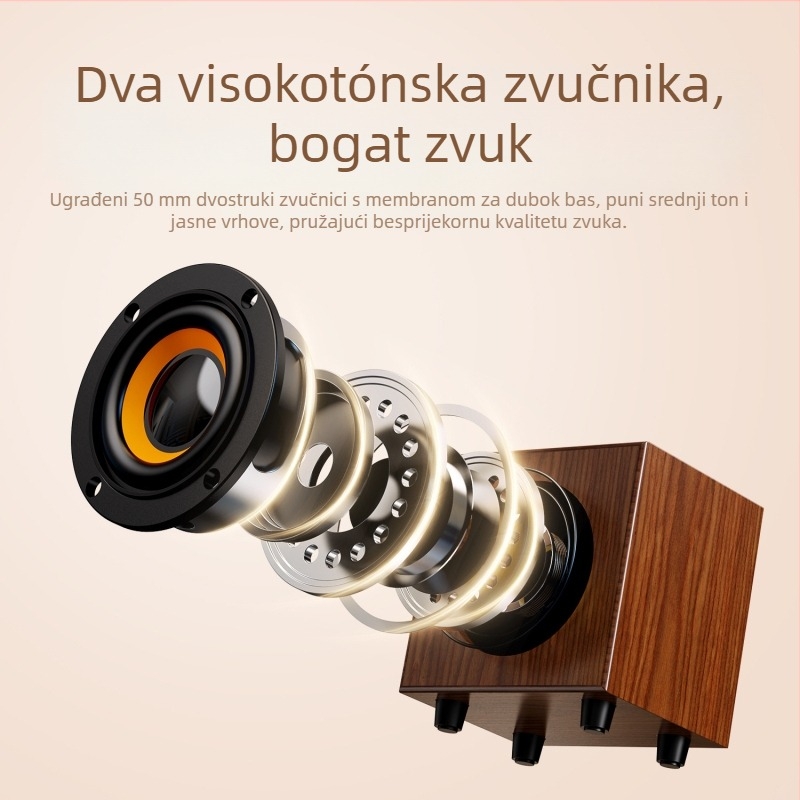 Drveni mini zvučnik, USB + 3,5 mm sučelje, izlazna snaga 3 W, frekvencijski raspon 50 Hz–20 kHz, 2 kanala