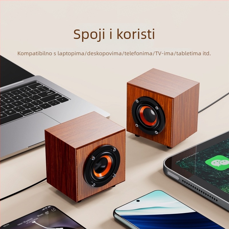 Drveni mini zvučnik, USB + 3,5 mm sučelje, izlazna snaga 3 W, frekvencijski raspon 50 Hz–20 kHz, 2 kanala