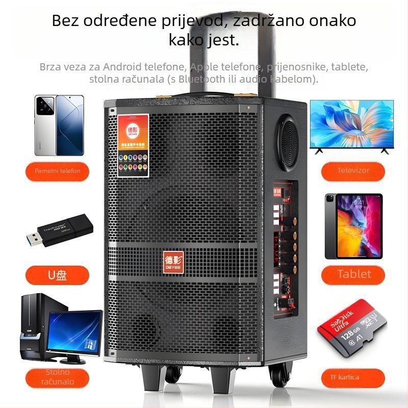 Prijenosni Bluetooth karaoke zvučnik na kotačićima, 50W izlaz, 4 zvučnika, ugrađena baterija (2000–4000 mAh), Bluetooth 5.0, 20 Hz–20 kHz